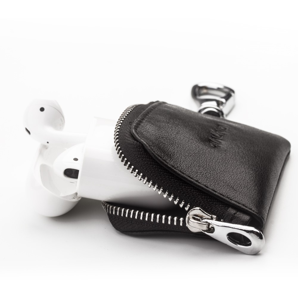 QIALINO Cowhide Leather for Apple Airpods Earphone Storage Bag - Black-1