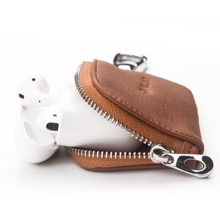 QIALINO Cowhide Leather for Apple Airpods Earphone Carrying Bag - Brown-1
