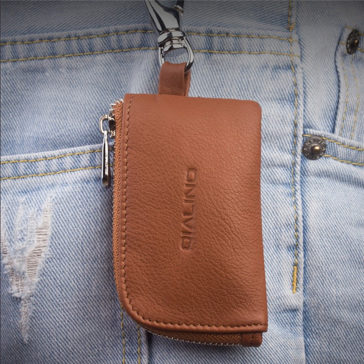 QIALINO Cowhide Leather for Apple Airpods Earphone Carrying Bag - Brown-12