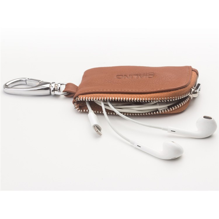 QIALINO Cowhide Leather for Apple Airpods Earphone Carrying Bag - Brown-6