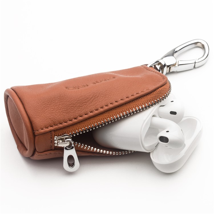 QIALINO Top-Layer Cowhide Leather Zipper Closure Protective Pouch for Apple Airpods, Car Key, Earphone - Brown-1