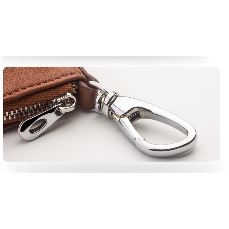 QIALINO Top-Layer Cowhide Leather Zipper Closure Protective Pouch for Apple Airpods, Car Key, Earphone - Brown-10