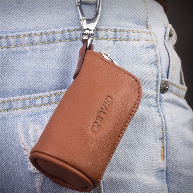 QIALINO Top-Layer Cowhide Leather Zipper Closure Protective Pouch for Apple Airpods, Car Key, Earphone - Brown-12