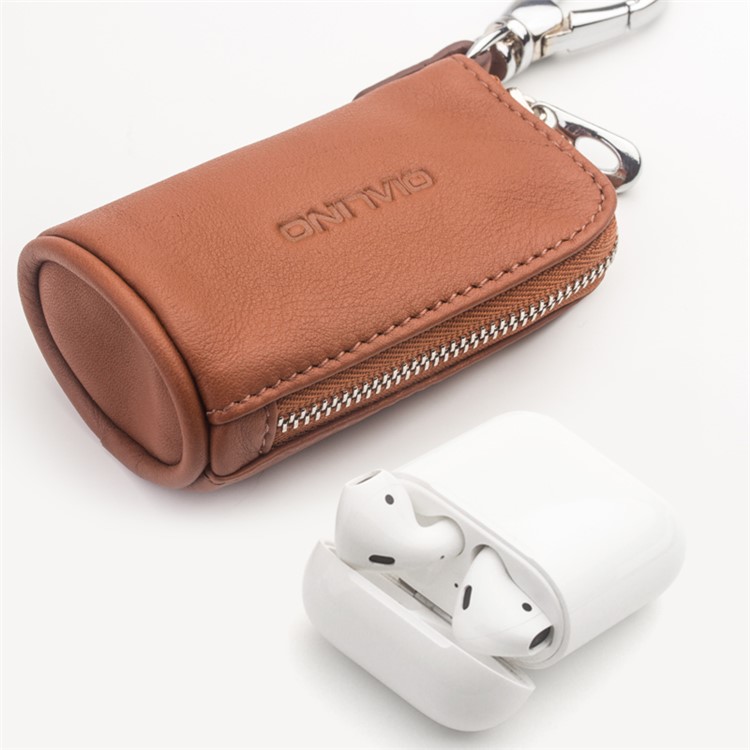 QIALINO Top-Layer Cowhide Leather Zipper Closure Protective Pouch for Apple Airpods, Car Key, Earphone - Brown-2