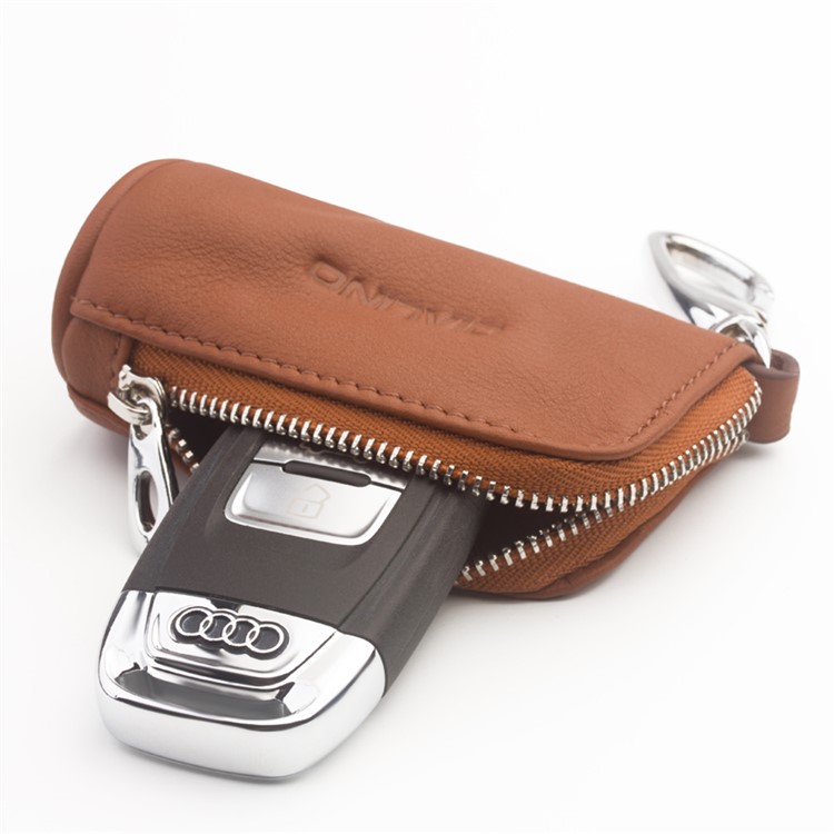 QIALINO Top-Layer Cowhide Leather Zipper Closure Protective Pouch for Apple Airpods, Car Key, Earphone - Brown-4