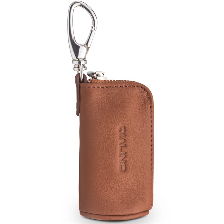 QIALINO Top-Layer Cowhide Leather Zipper Closure Protective Pouch for Apple Airpods, Car Key, Earphone - Brown-5