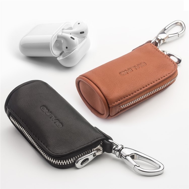 QIALINO Top-Layer Cowhide Leather Zipper Closure Protective Pouch for Apple Airpods, Car Key, Earphone - Brown-6