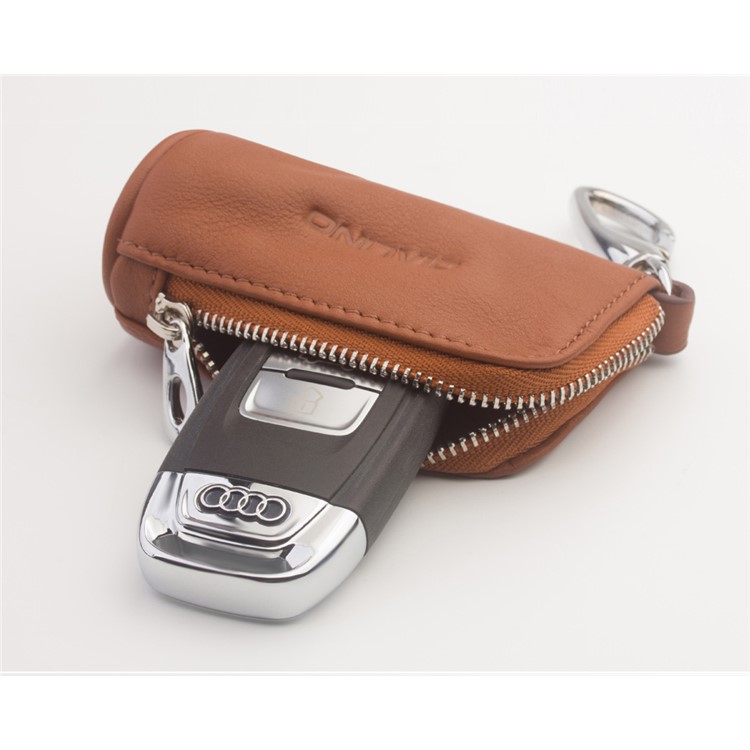QIALINO Top-Layer Cowhide Leather Zipper Closure Protective Pouch for Apple Airpods, Car Key, Earphone - Brown-7