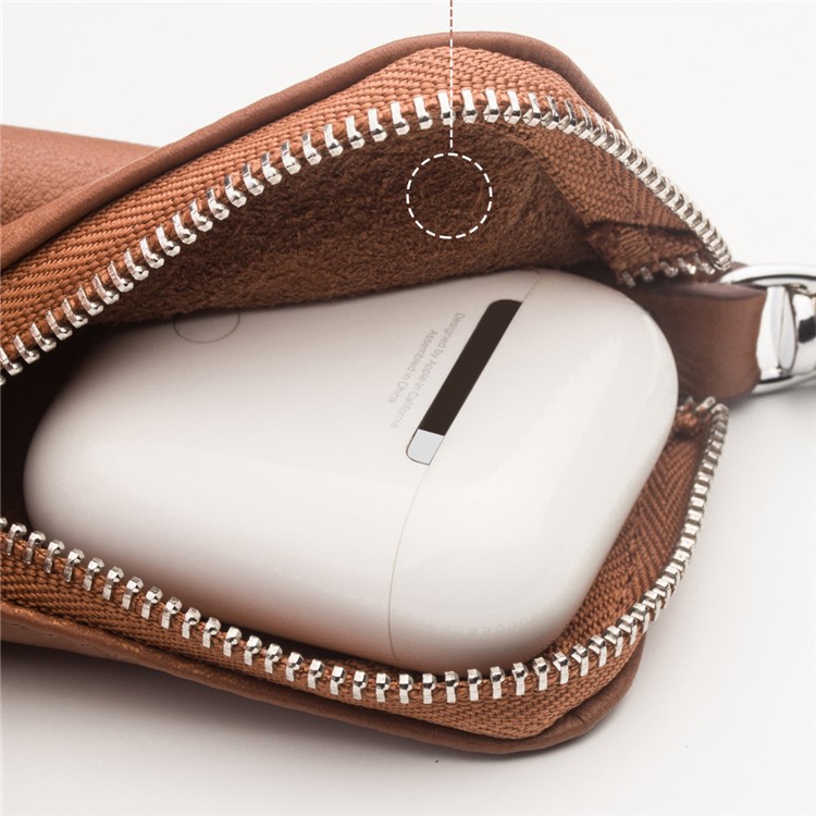 QIALINO Top-Layer Cowhide Leather Zipper Closure Protective Pouch for Apple Airpods, Car Key, Earphone - Brown-8