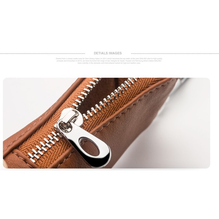QIALINO Top-Layer Cowhide Leather Zipper Closure Protective Pouch for Apple Airpods, Car Key, Earphone - Brown-9