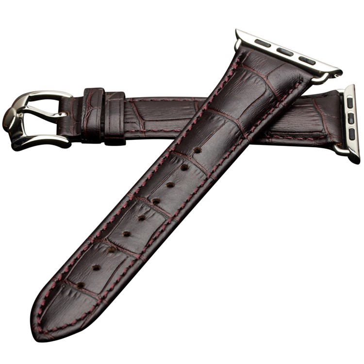 For Apple Watch Series 3 2 1 42mm QIALINO Crocodile Texture Genuine Leather Wrist Strap - Coffee-1