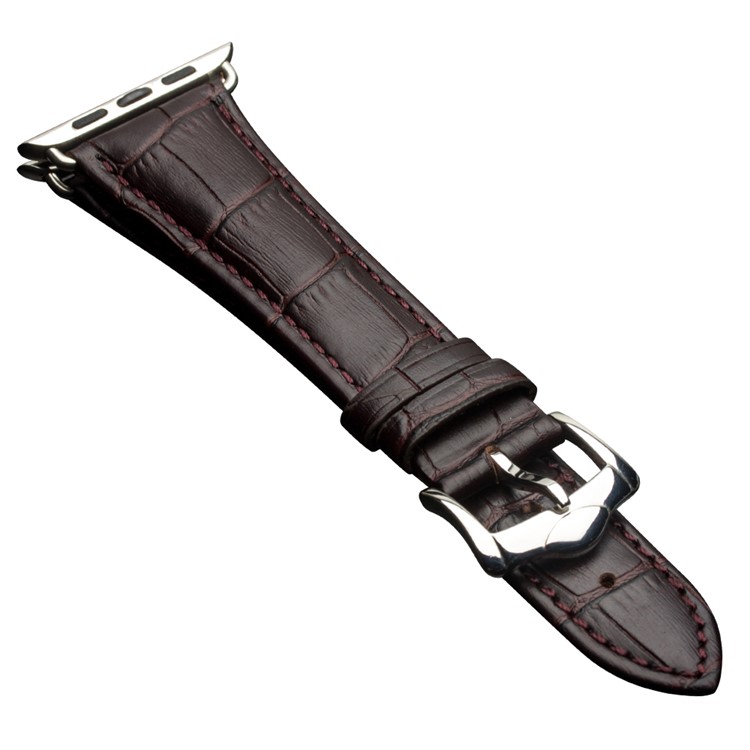 For Apple Watch Series 3 2 1 42mm QIALINO Crocodile Texture Genuine Leather Wrist Strap - Coffee-2