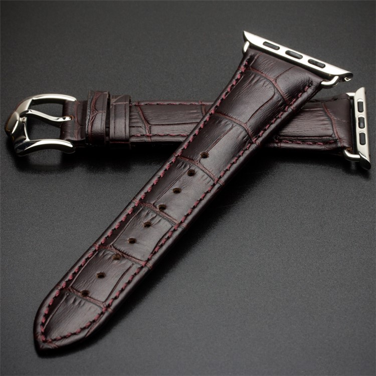 For Apple Watch Series 3 2 1 42mm QIALINO Crocodile Texture Genuine Leather Wrist Strap - Coffee-4