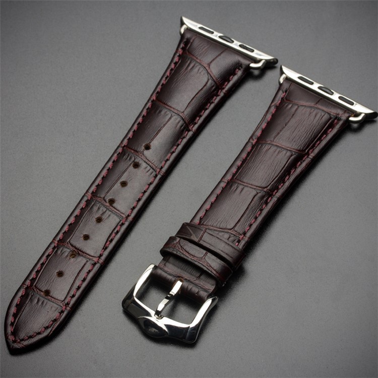 For Apple Watch Series 3 2 1 42mm QIALINO Crocodile Texture Genuine Leather Wrist Strap - Coffee-5