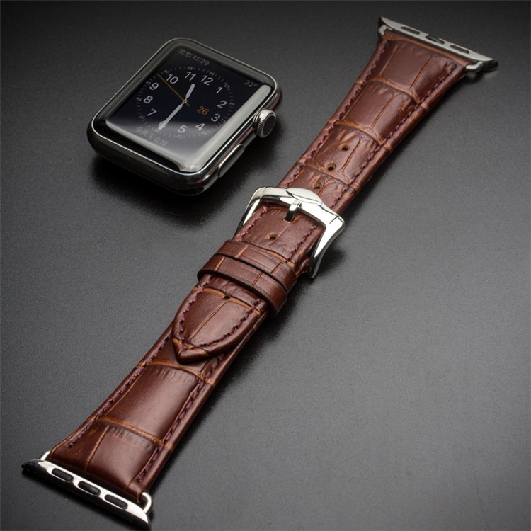 QIALINO for Apple Watch Series 3 2 1 42mm Crocodile Grain Genuine Leather Watch Band Wrist Strap - Brown-5