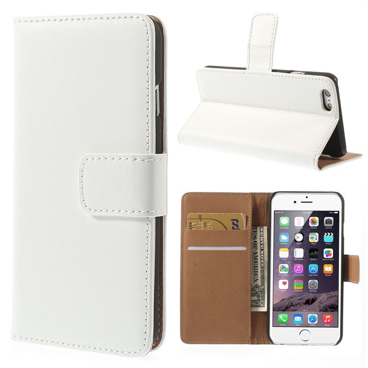 Genuine Split Leather Wallet Stand Case Shell for iPhone 6s / 6 4.7 inch - White-1