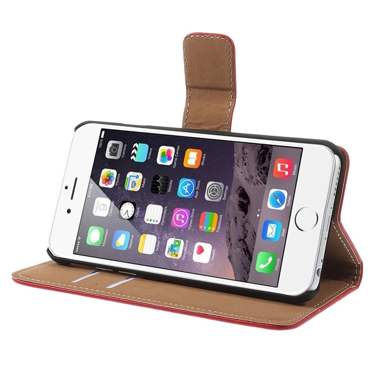 Genuine Split Leather Wallet Stand Case Shell for iPhone 6s / 6 4.7 inch - Red-4