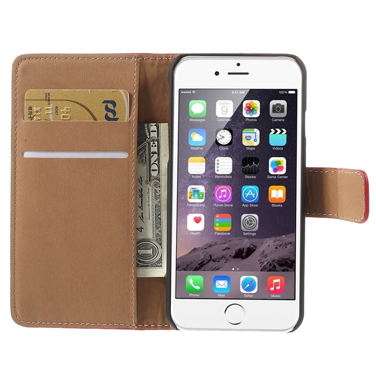 Genuine Split Leather Wallet Stand Case Shell for iPhone 6s / 6 4.7 inch - Red-6