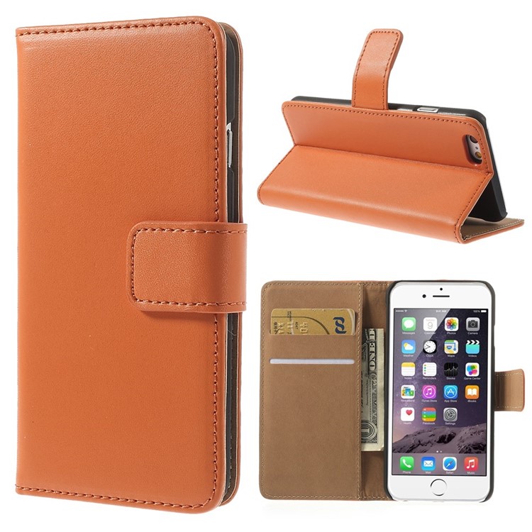 Genuine Split Leather Wallet Stand Case for iPhone 6s / 6 4.7 inch - Orange-1