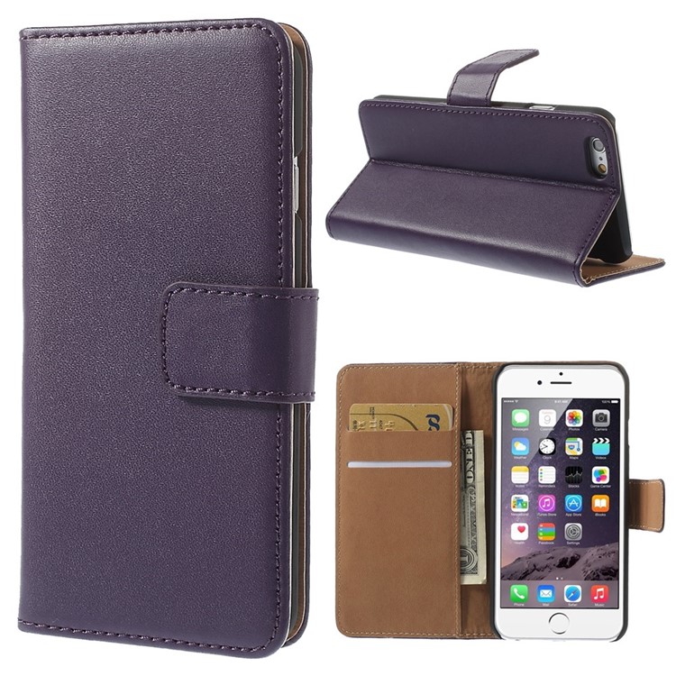 Genuine Split Leather Wallet Stand Cover for iPhone 6s / 6 4.7 inch - Purple -1