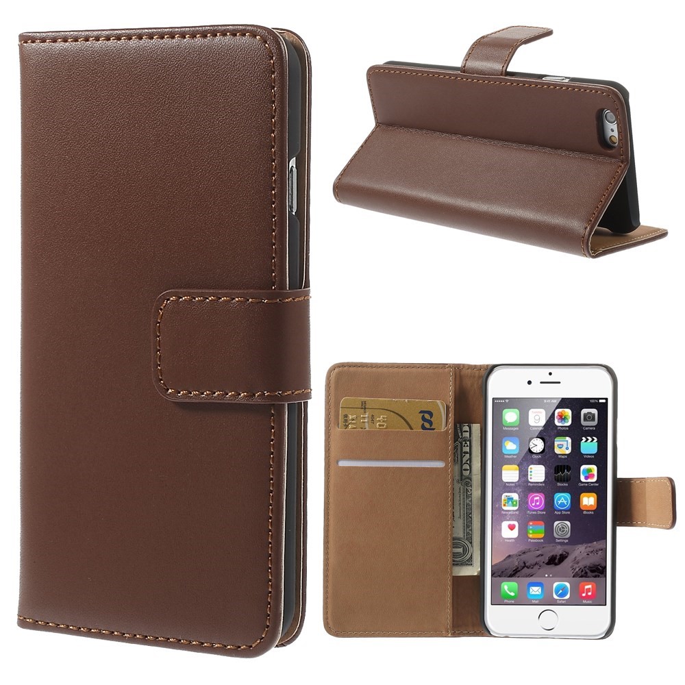 Genuine Split Leather Wallet Stand Cover for iPhone 6s / 6 4.7 inch - Brown-1