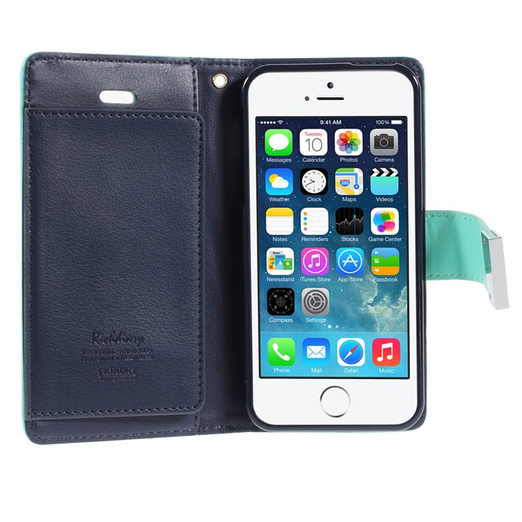 Mercury GOOSPERY Rich Diary Leather Card Holder Case for iPhone SE 5s 5 - Cyan-3