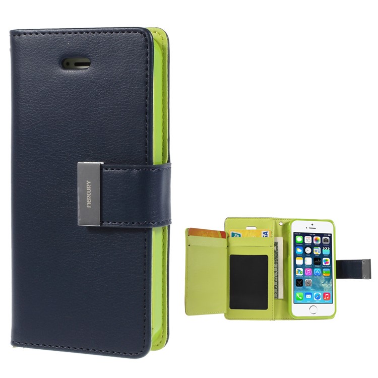 Mercury GOOSPERY Rich Diary Leather Card Holder Case Shell for iPhone SE 5s 5 - Dark Blue-1