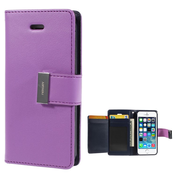 Mercury GOOSPERY Rich Diary Leather Card Holder Cover Shell for iPhone SE 5s 5 - Purple-1