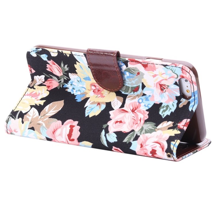 Flowers Pattern Cloth Leather Card Slots Stand Cover for iPhone 6s Plus / 6 Plus - Black-2