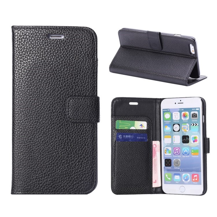 Litchi Leather Wallet Bracket Case for iPhone 6s Plus / 6 Plus - Black-1