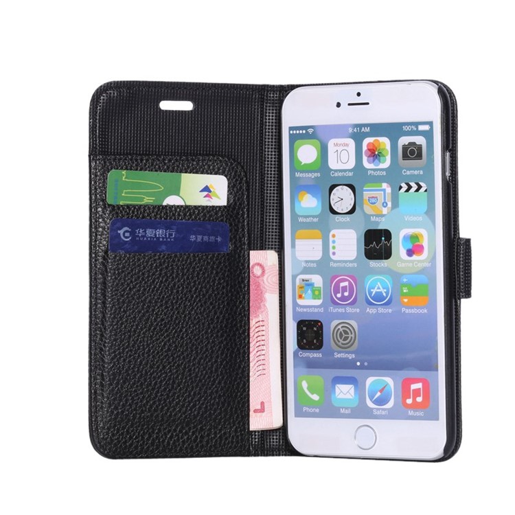Litchi Leather Wallet Bracket Case for iPhone 6s Plus / 6 Plus - Black-5