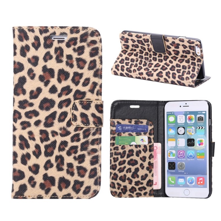 Leopard Wallet Leather Case for iPhone 6s Plus / 6 Plus w/ Stand - Brown-1
