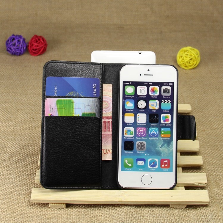 Litchi Texture Leather Wallet Stand Case for iPhone SE 5s 5 - Black-2