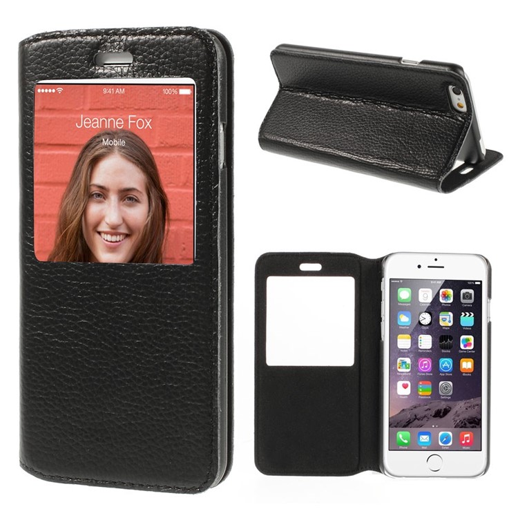 Doormoon Window View Litchi Texture Genuine Leather Stand Case for iPhone 6s 6 - Black-1