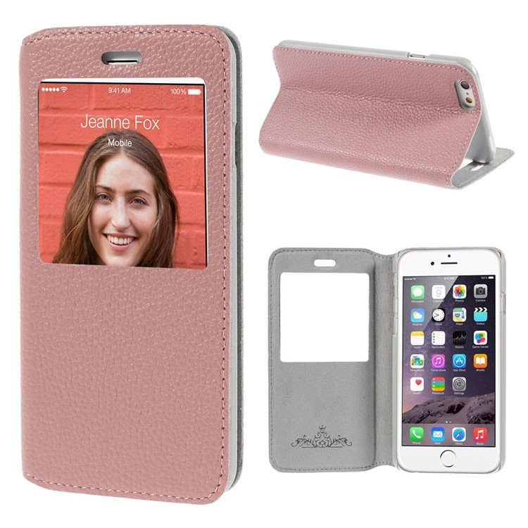 Doormoon Window View Litchi Texture Genuine Leather Stand Shell for iPhone 6s 6 - Pink-1