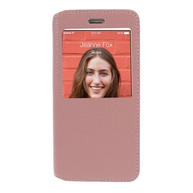 Doormoon Window View Litchi Texture Genuine Leather Stand Shell for iPhone 6s 6 - Pink-3