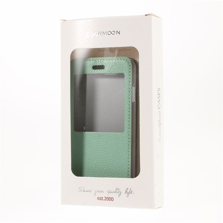 Doormoon Window View Litchi Texture Genuine Leather Case for iPhone 6s 6 w/ Stand - Cyan-10