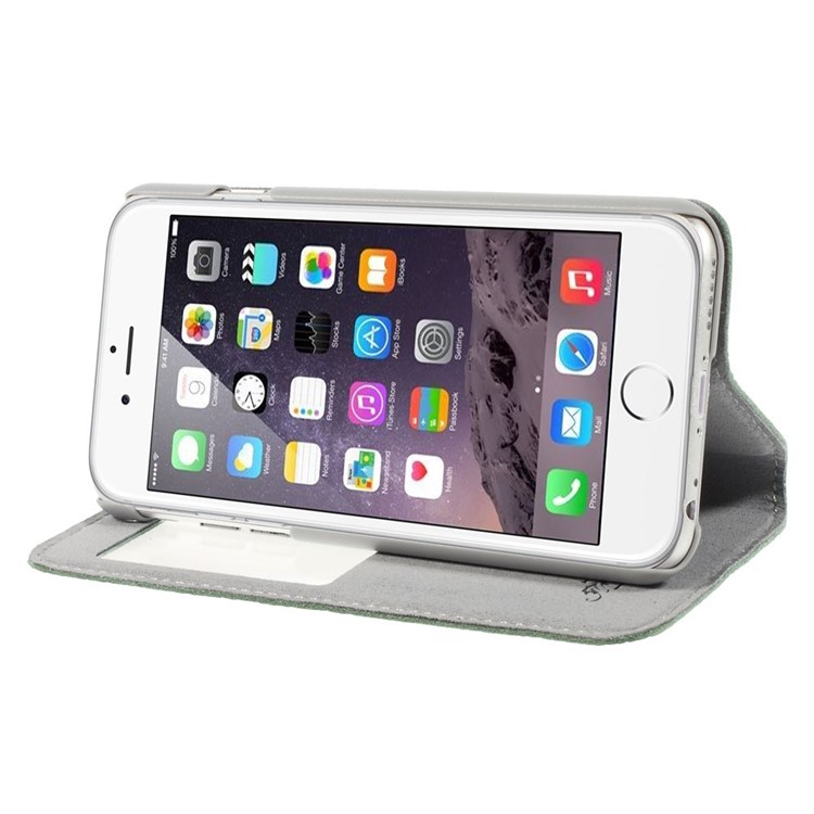 Doormoon Window View Litchi Texture Genuine Leather Case for iPhone 6s 6 w/ Stand - Cyan-4