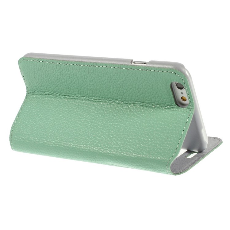 Doormoon Window View Litchi Texture Genuine Leather Case for iPhone 6s 6 w/ Stand - Cyan-5
