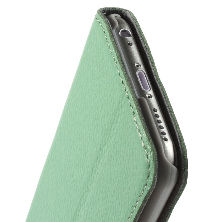 Doormoon Window View Litchi Texture Genuine Leather Case for iPhone 6s 6 w/ Stand - Cyan-8
