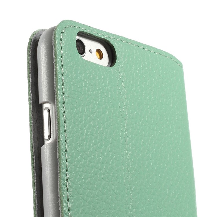 Doormoon Window View Litchi Texture Genuine Leather Case for iPhone 6s 6 w/ Stand - Cyan-9