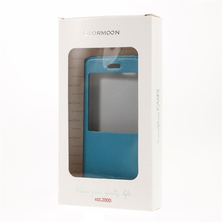 Doormoon Window View Litchi Texture Genuine Leather Cover for iPhone 6s 6 w/ Stand - Blue-10
