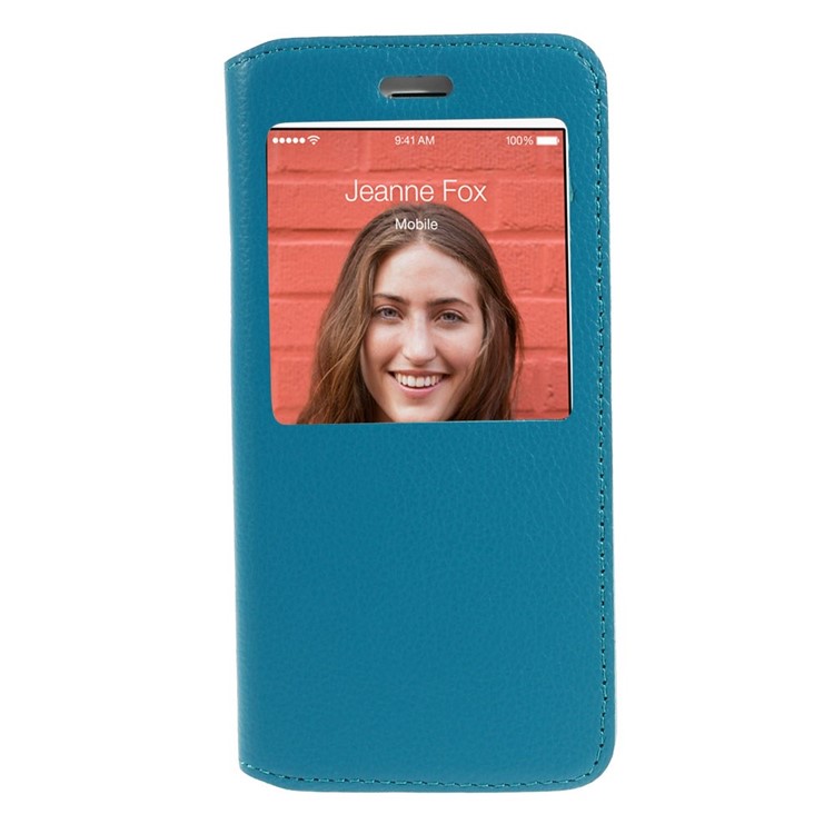 Doormoon Window View Litchi Texture Genuine Leather Cover for iPhone 6s 6 w/ Stand - Blue-3