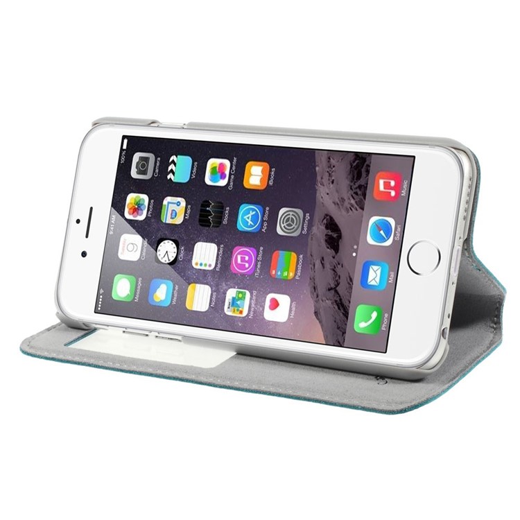 Doormoon Window View Litchi Texture Genuine Leather Cover for iPhone 6s 6 w/ Stand - Blue-4