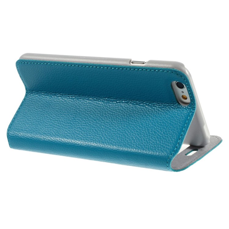 Doormoon Window View Litchi Texture Genuine Leather Cover for iPhone 6s 6 w/ Stand - Blue-5