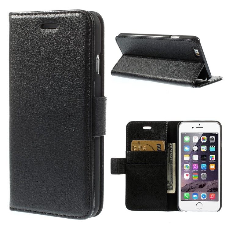 Litchi Texture PU Leather Wallet Stand Phone Shell for iPhone 6 4.7 inch - Black-1