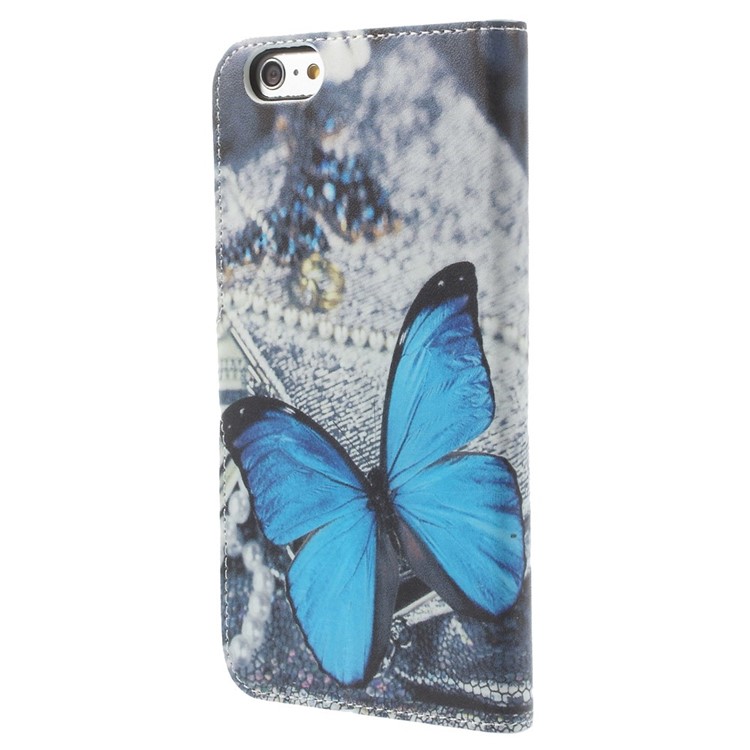 Blue Butterfly Pattern Wallet Leather Shell for iPhone 6s Plus / 6 Plus w/ Stand-2