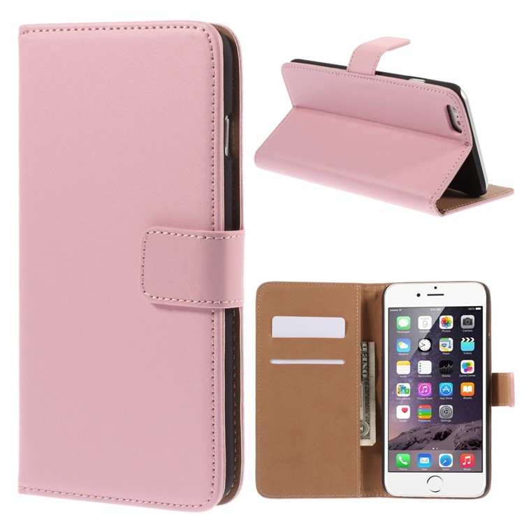 Genuine Split Wallet Stand Leather Shell for iPhone 6s Plus / 6 Plus - Pink-1