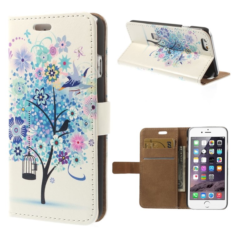Leather Card Slot Stand Cover for iPhone 6 / 6s 4.7 inch - Blue Flower Tree-1