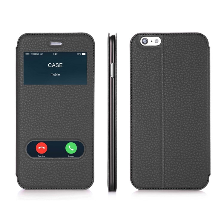 Dual Window Soft Leather Case for iPhone 6s / 6 4.7 Inch w/ Stand - Black-1